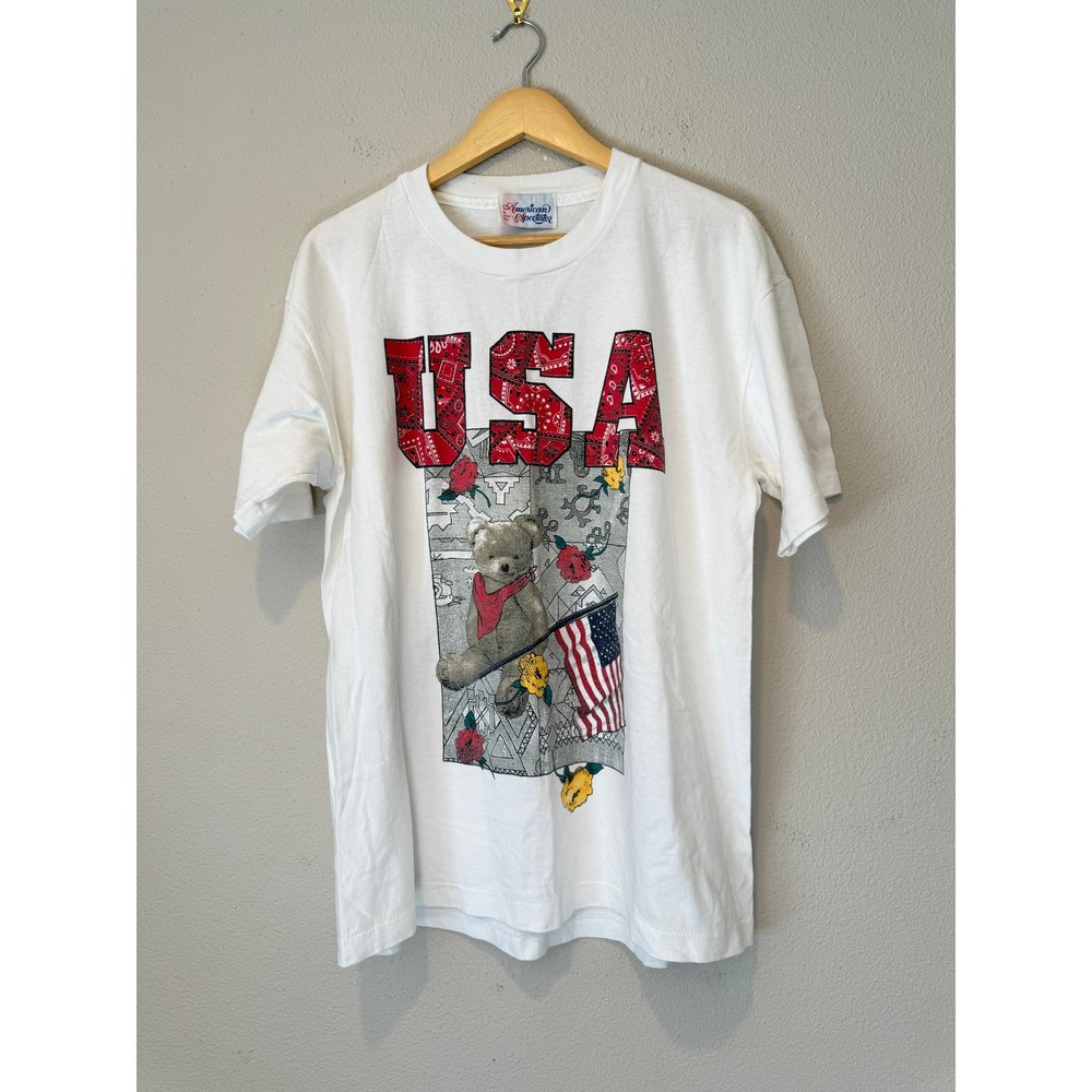 American Spectator USA Teddy Bear Graphic T-Shirt White Mens Large Vintage 90s